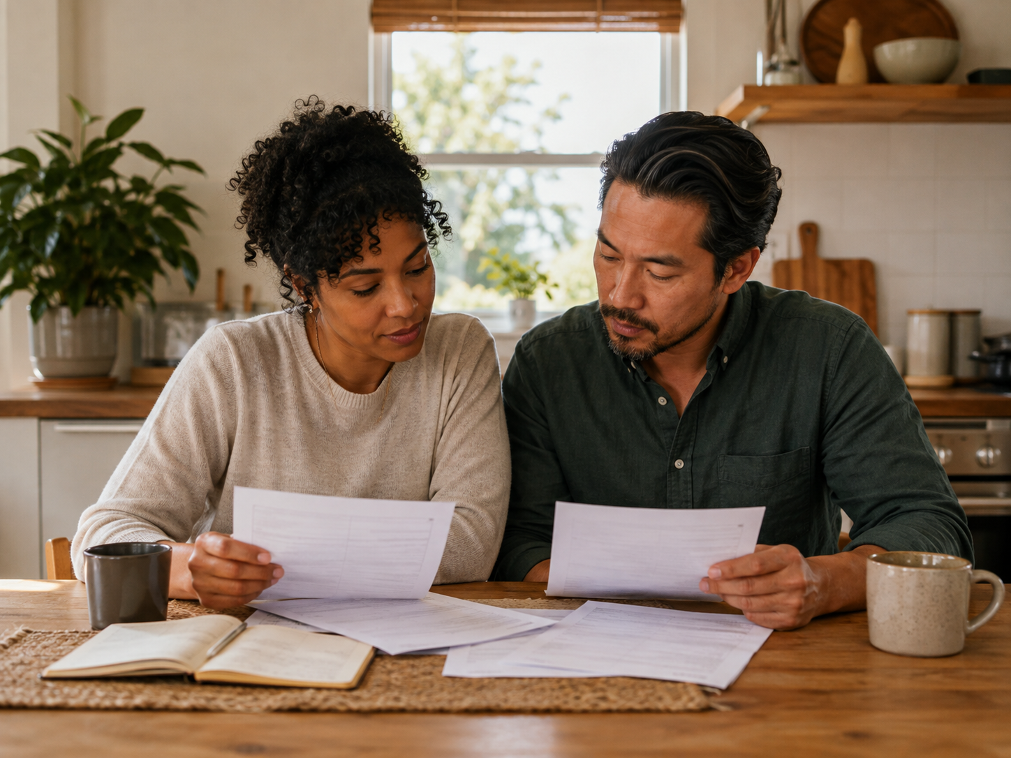 Two adults looking over household bills together at a kitchen table